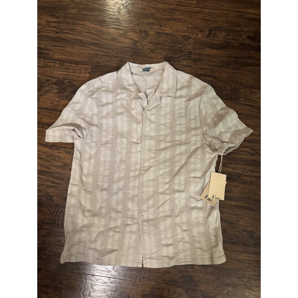 Esc Top Mens Ottoman Shirt Beige Ribbed Button Down Neutral Comfort Casual Sz:L